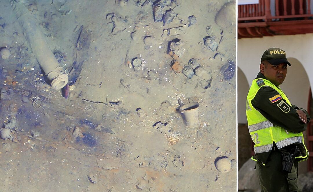 Un miembro de la Policía de Colombia custodia una fotografía de los restos del Galeón San José. Foto: Archivo