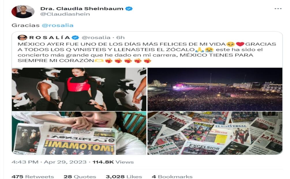 Sheinbaum agradece a Rosalía. Foto: Twitter