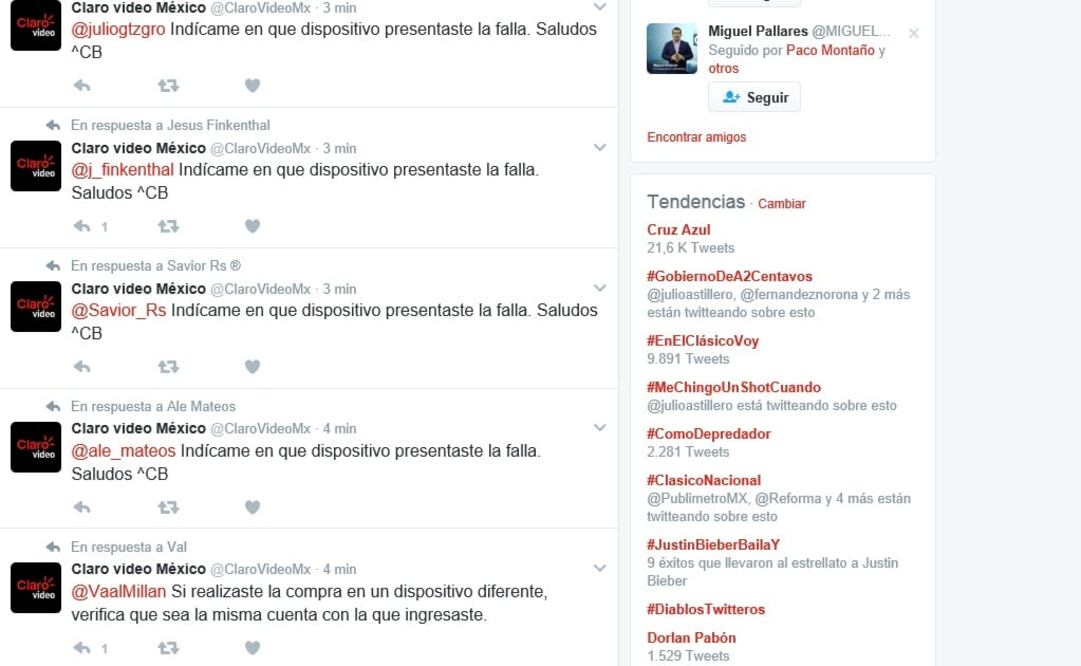 Quejas de los usuarios en la cuenta oficial de Claro