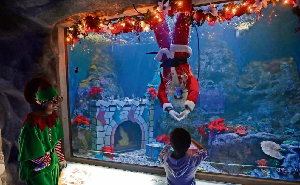 Santa se sumerge en el agua hasta aparecer frente a los cristales, saluda a los pequeños y recibe sus cartas. Foto: Miguel García / EL UNIVERSAL