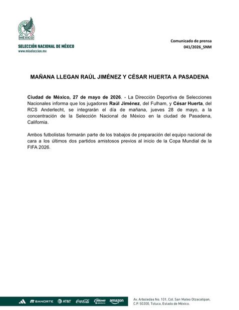 Comunicado de la Selección Mexicana, rumbo al Mundial de 2026 - Foto: @miseleccionmx en X