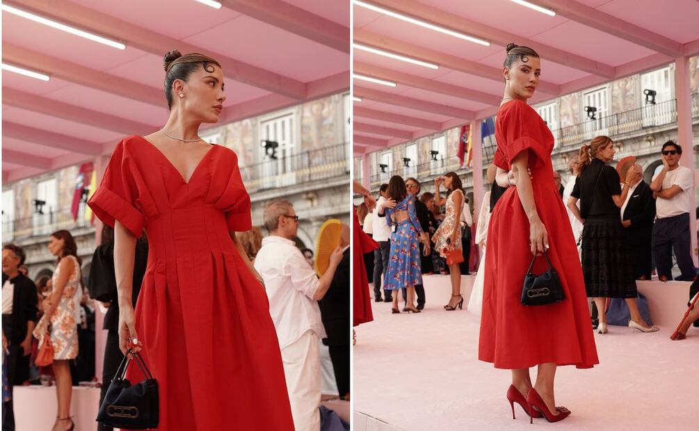 Zapatos rojos y bolso negro acompañaron el look de Michelle Salas. Las joyas son Tiffany & Co. Foto: Cortesía