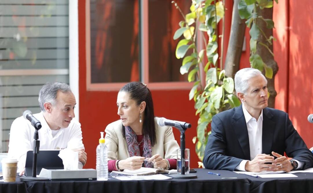 Hugo López-Gatell, Claudia Sheinbaum y Alfredo Del Mazo. Foto: Especial