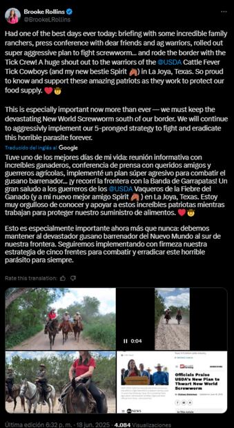 Brooke Rollins, titular del Departamento de Agricultura de Estados Unidos (USDA, por sus siglas en inglés), supervisa personalmente la implementación del plan integral de cinco puntos. Foto: Captura tomada de la cuenta de X de @BrookeLRollins