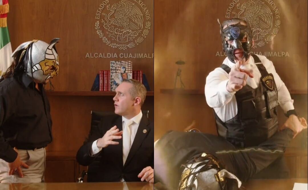 Adrián Rubalcava se convierte en "Dragón", para luchar, someter al Averno y promocionar los festejos del día del padre. Foto: Captura de video