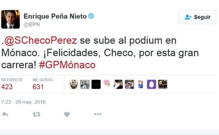 Peña Nieto felicita a Checo Pérez por tercer lugar en Mónaco