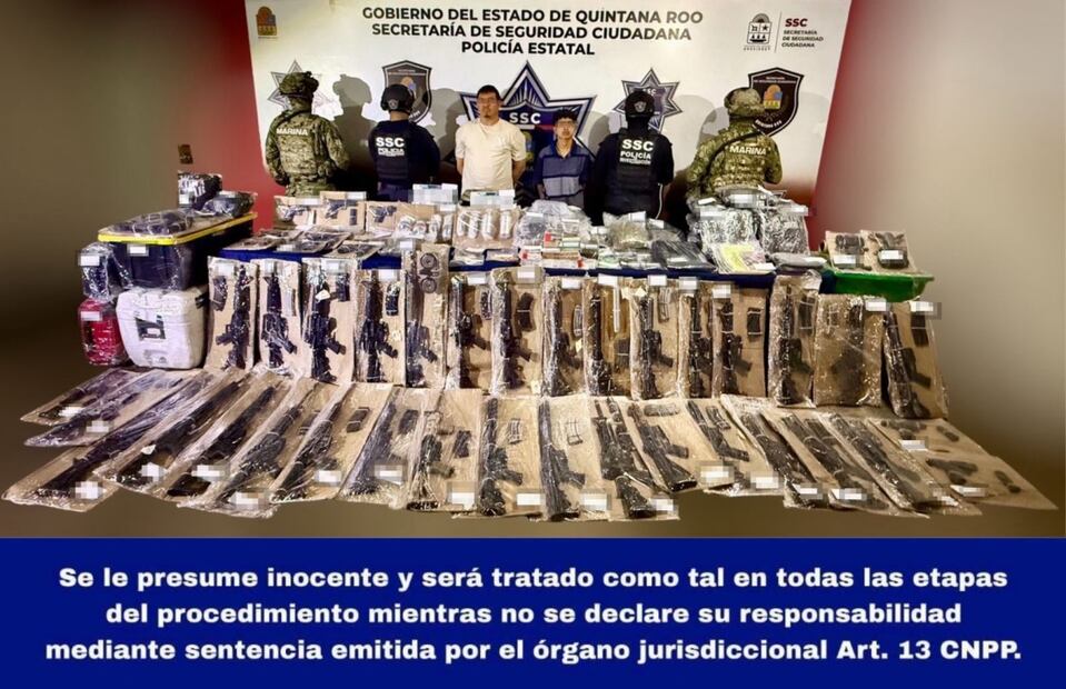 Detienen a dos presuntos integrantes del CJNG en Quintana Roo; aseguran armamento. Foto: Especial
