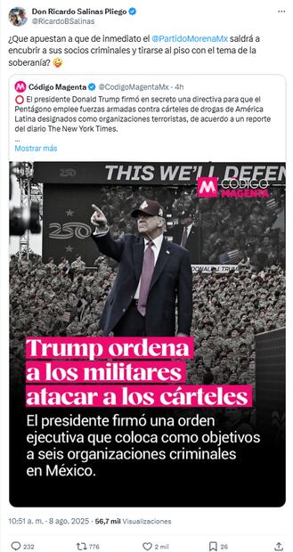 Salinas Pliego reacciona a orden de Donald Trump para acabar con los cárteles de la droga en 'X'. Foto: Captura de pantalla