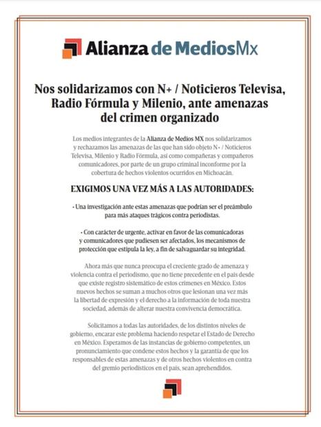 Alianza de Medios MX se solidariza con Televisa, Fórmula y Milenio, tras amenazas del crimen organizado