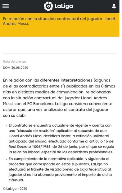 La Liga le da la razón al Barcelona; Messi no puede irse