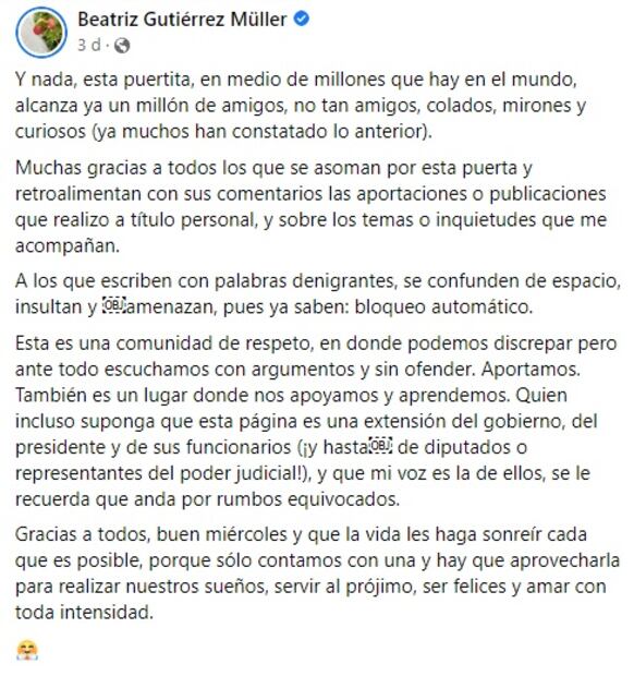 Beatriz Gutiérrez Müller llega al millón de “amigos, no tan amigos, colados, mirones y curiosos” en Facebook