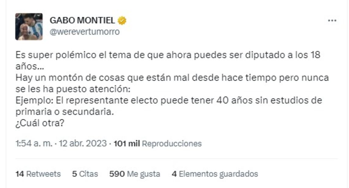 El youtuber Gabo Montiel empleó sus redes sociales para opinar sobre la reducción en la edad mínima para ser diputado.