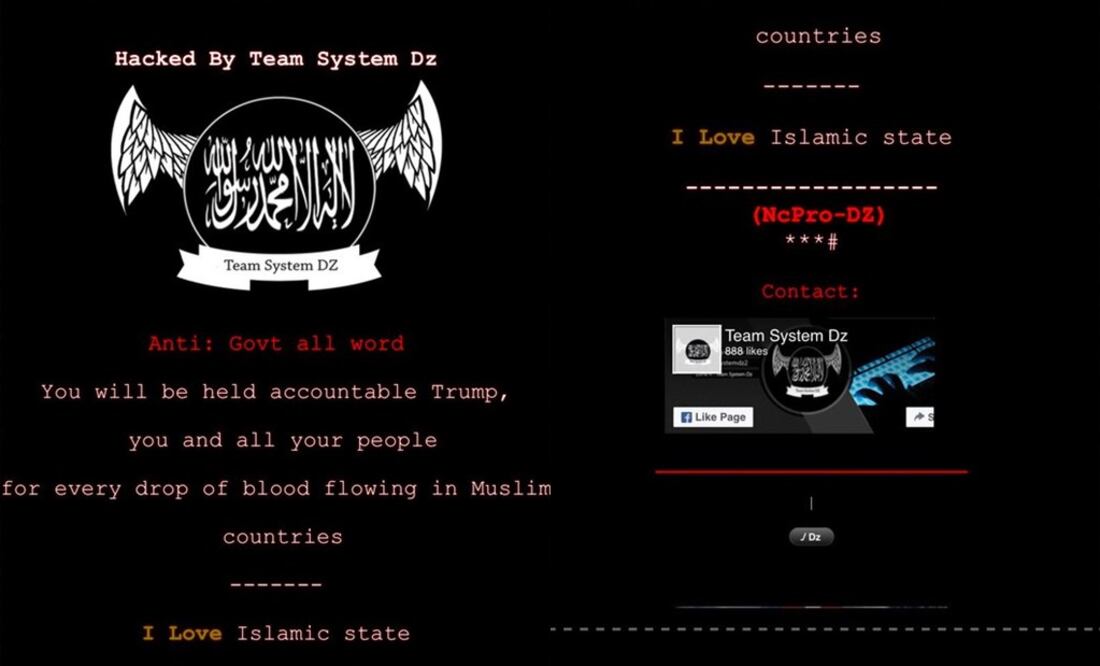 Mensaje que aparecía en las páginas web hackeadas. FOTO: tomada del Twitter de Josh Mandel