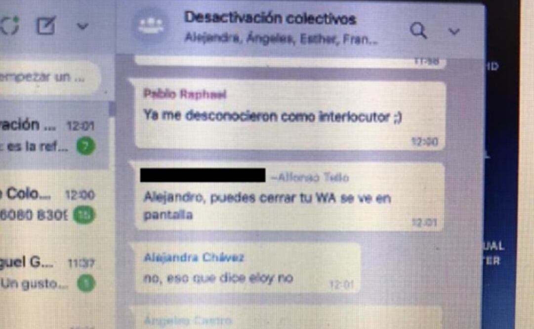 Imagen del chat "Desintegración de colectivos" conformado por funcionarios de la Secretaría de Cultura. Foto: Especial
