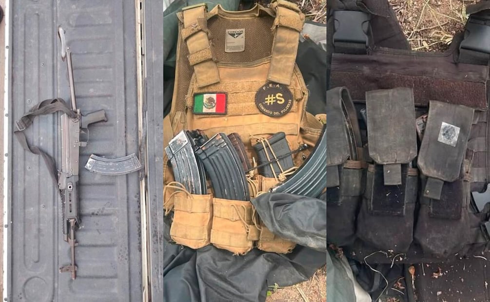 Fueron encontrados dos fusiles AK-47 calibre 7.62 x 39 mm, dos chalecos tácticos y nueve cargadores abastecidos
Foto: Especial.