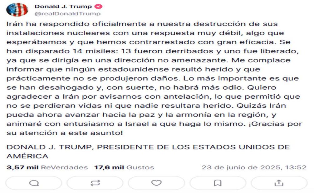 Irán lanzó 14 misiles contra bases estadounidenses en Qatar. Foto: Captura de Pantalla de Truth Social