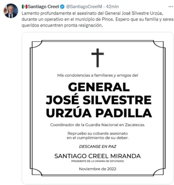 Creel reprueba "cobarde asesinato" de general coordinador de la Guardia Nacional en Zacatecas