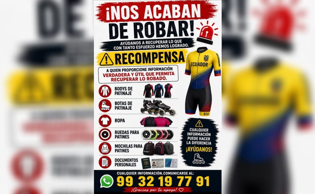 Roban equipo a patinadores de Ecuador en Villahermosa, Tabasco; delincuentes irrumpen en Olimpia XXI.
Foto: Especial.