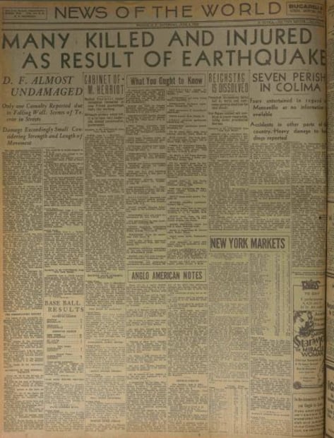 EL UNIVERSAL publicaba en los años 30, una página en inglés con información nacional dirigida a público de habla hispana. En esta plana el cabezal se refería a los numerosos muertos y heridos, como resultado de los temblores. Foto: Hemeroteca El Universal.