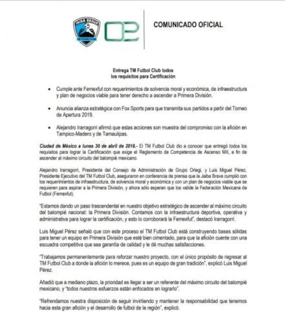 Jaiba Brava de Tampico cumple con los requisitos para ascender