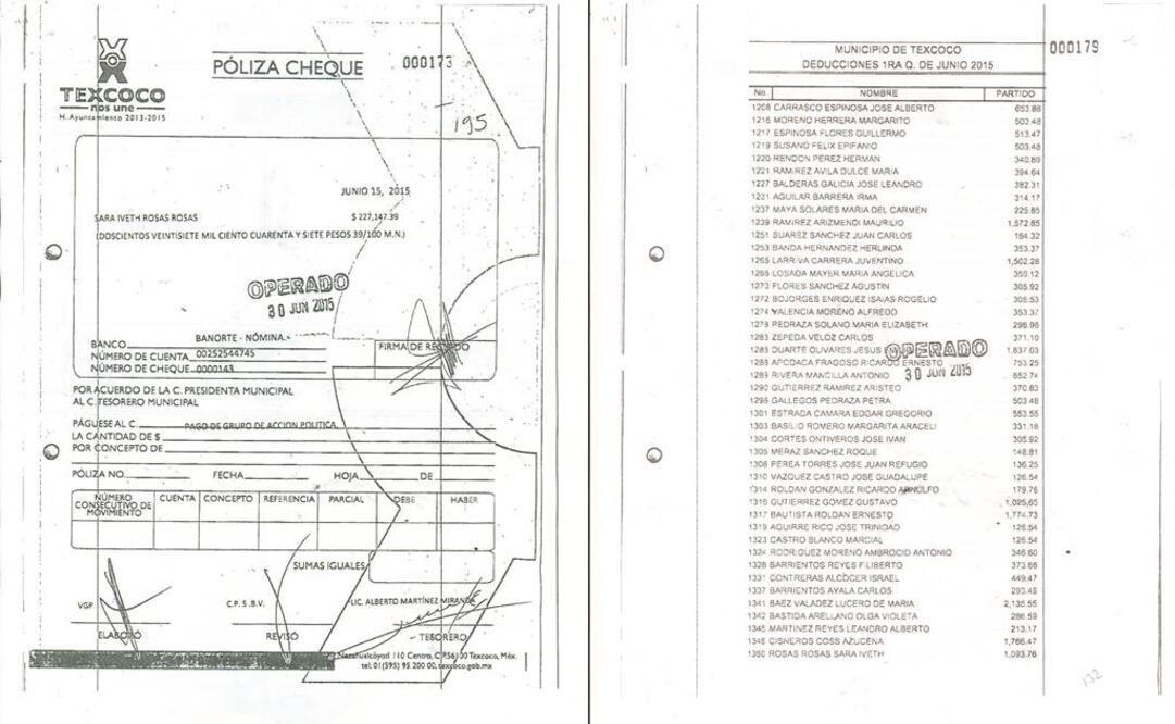 La póliza de cheque 000173, con fecha del 15 de junio del 2015, es por 227 mil 143 pesos y se expidió a nombre de Sara Iveth Rosas Rosas (ESPECIAL)