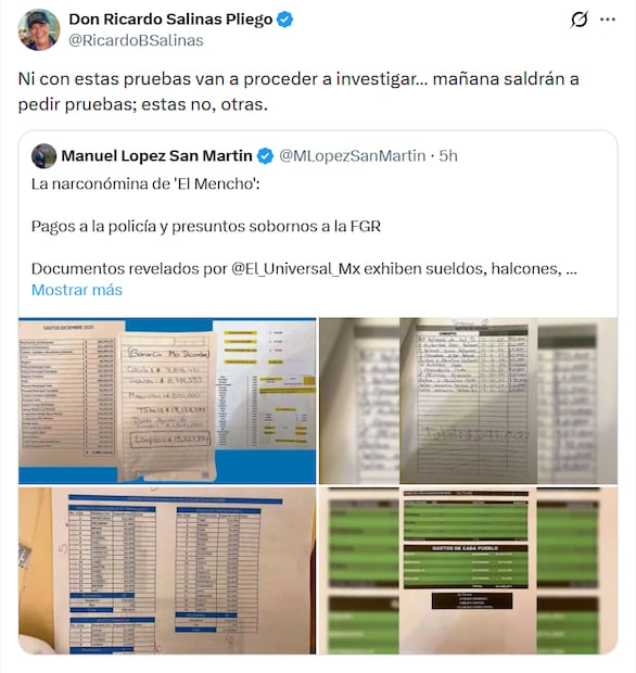 Crítica de Salinas Pliego tras revelación de narconómina de El Mencho. Foto: X