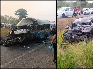 Choque entre auto y transporte público en carretera de Tabasco deja 12 personas muertas