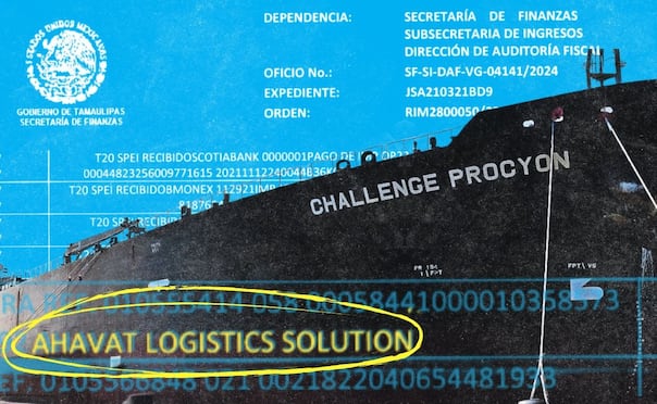 En 2021, Ahavat Logistics Solution, empresa ligada al Cártel Jalisco Nueva Generación (CJNG) y sancionada por la OFAC, transfirió 28 millones de pesos a una compañía implicada en una red de contrabando de combustible relacionada con los cargamentos de los buques huachicoleros Challenge Procyon y Torm Agnes. | Ilustración: Angélica Vázquez.