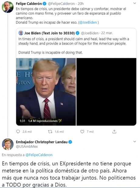 No tiene por qué meterse en la política de otro país, dice embajador de EU a Calderón