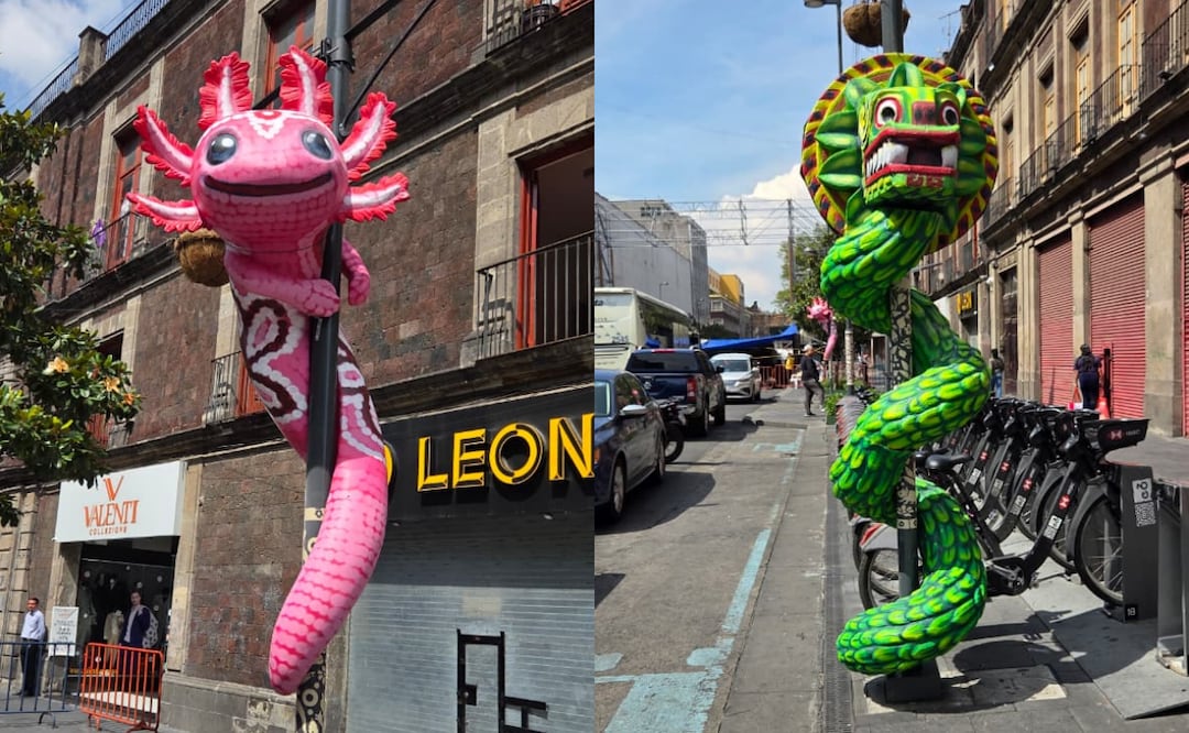 Instalan ajolotes y figuras de Quetzalcóatl en el Centro Histórico. Foto: Frida Sánchez