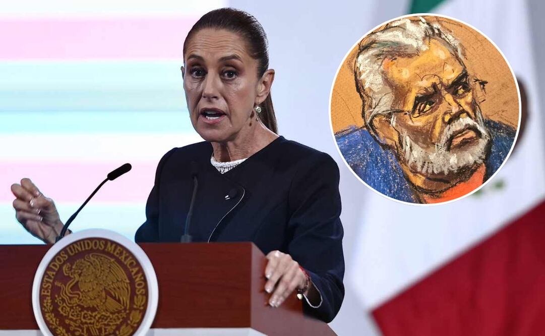 La presidenta Claudia Sheinbaum durante la mañanera de este 26 de agosto del 2025 y "El Mayo" Zambada. Fotos: Berenice Fregoso / EL UNIVERSAL.y EFE.