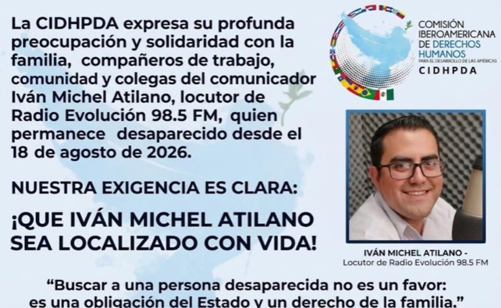 Denuncian desaparición del locutor comunitario Iván Michel Atilano (25/08/2026). Foto: Especial