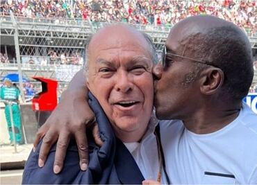 Padre de Checo Pérez recibe beso del papá de Lewis Hamilton ¡La foto del GP de México!