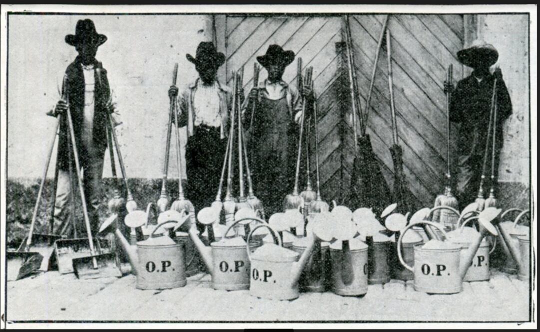 Un grupo de trabajadores del Servicio de Limpia posa para la cámara con los nuevos recogedores, escobas y regaderas que les entregó el interventor municipal del Ayuntamiento, a fin de mantener limpio el primer cuadro capitalino, a inicios del siglo XX. Crédito: Archivo El Universal