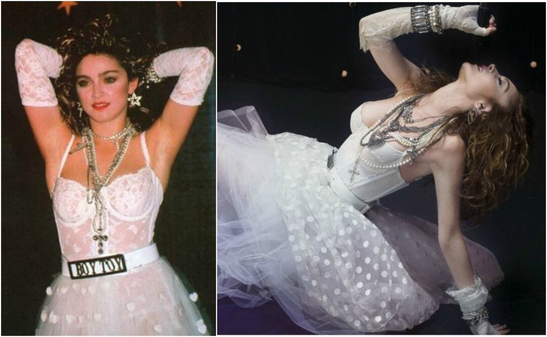 1.- Conjunto de corsé, falda de tul, guantes de ópera, pantimedias, y tacones en color blanco, que la diva portó durante los MTV Music Awards de 1984. Se trata de un look que incluso han imitado celebrities como Lindsay Lohan