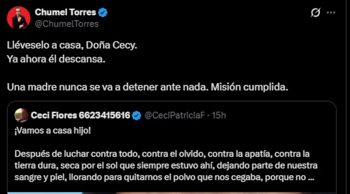 Chumel Torres lanza mensaje a Ceci Flores tras hallazgo de restos de su hijo. Foto: Captura de pantalla