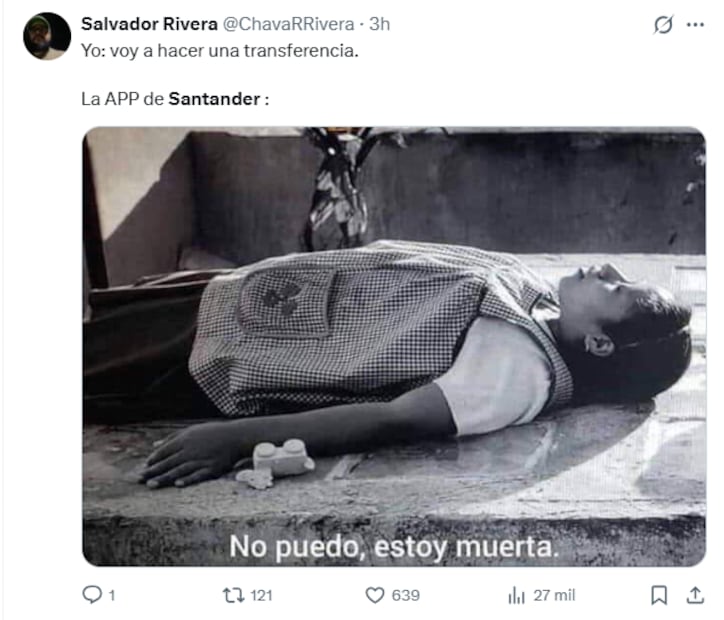 Este viernes, clientes de Santander reportaron fallas en la aplicación móvil de la institución bancaria. Foto: Captura de pantalla X