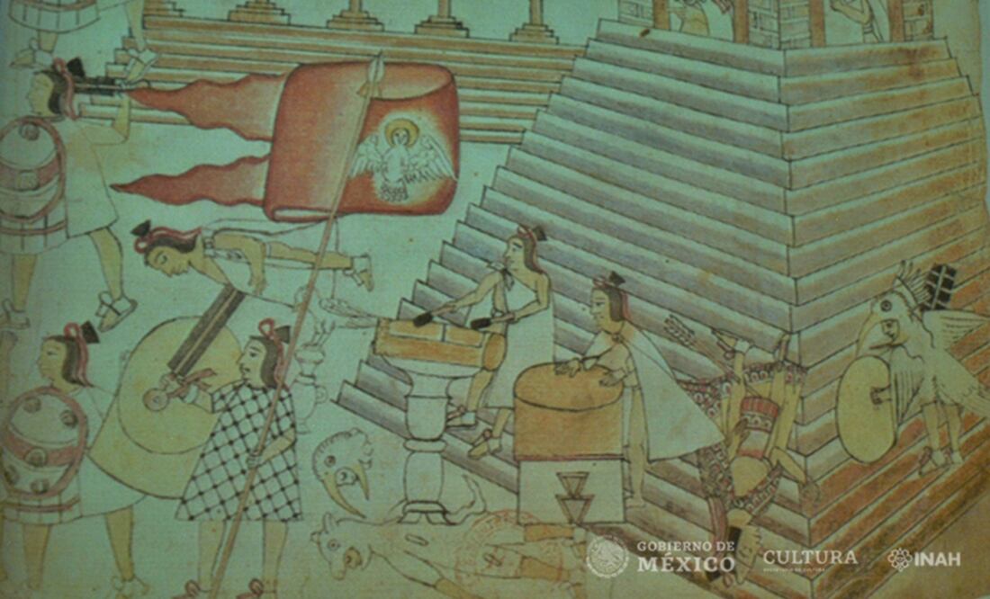 En el Códice Azcatitlan las escalinatas, cae fechado un personaje, y alrededor del recinto se ve a un guerrero vestido de colibrí. Foto: Edith Camacho, INAH
