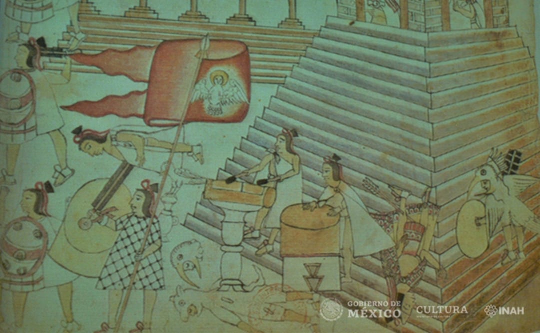 En el Códice Azcatitlan las escalinatas, cae fechado un personaje, y alrededor del recinto se ve a un guerrero vestido de colibrí. Foto: Edith Camacho, INAH