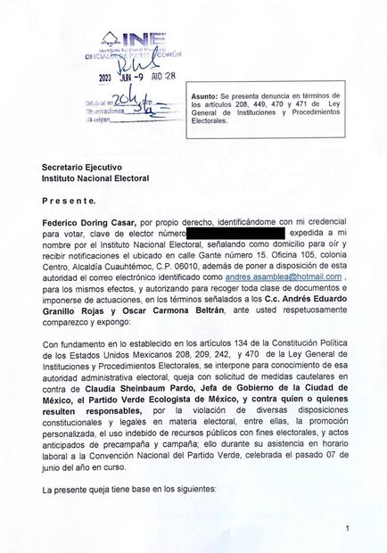 PAN CDMX denuncia a Sheinbaum ante el INE tras reunión con PVEM. Foto: Especial.