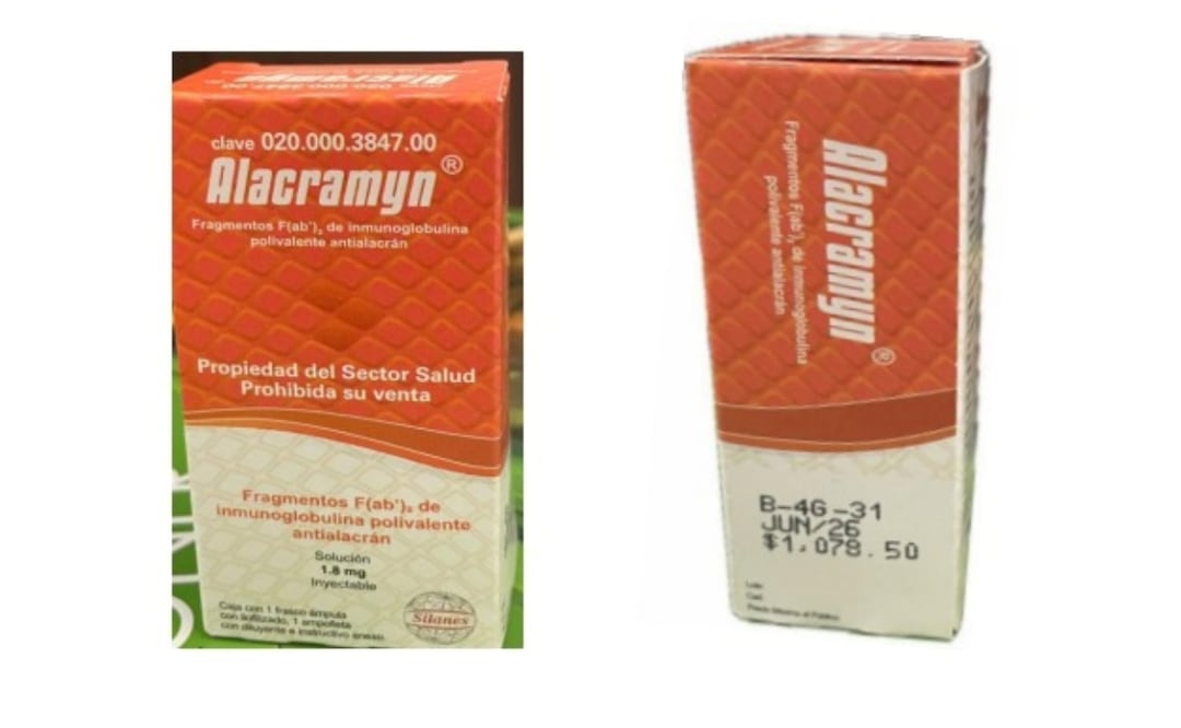 Cofepris alerta consumo de Alacramyn luego de que el lote en el que se transportaba fuera robado (23/08/2025). Foto: Especial