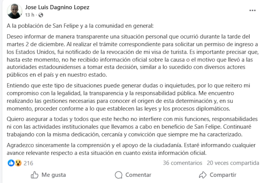 Revocan visa al alcalde de San Felipe; EU retira documento sin explicar motivos. Foto: Captura de pantalla