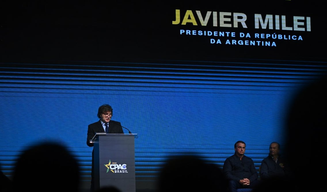 El presidente de Argentina, Javier Milei, participa en la conferencia del Conservative Political Action Conference (CPAC), este domingo en Balneário Camboriú, estado de Santa Catarina, Brasil. Foto: EFE
