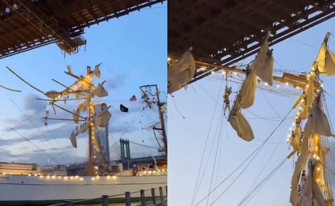 Así fue como cadetes mexicanos se aferraron al Buque Cuauhtémoc tras choque en Brooklyn. Foto: Captura de video