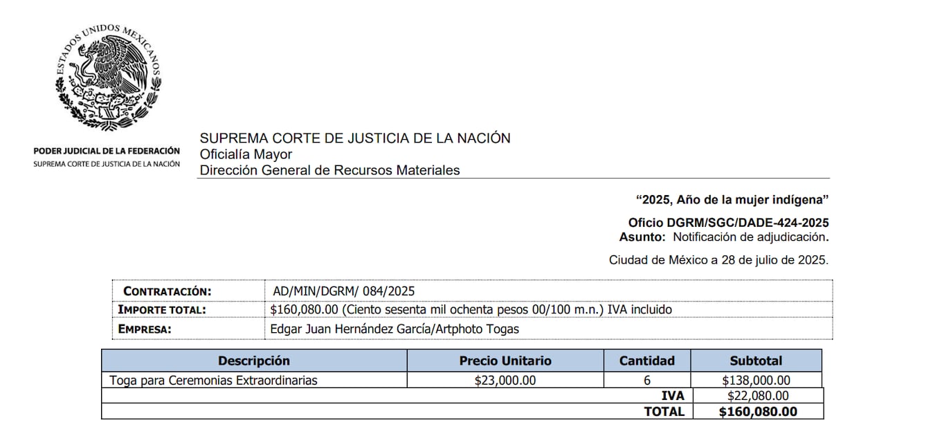 Desgloce de precio de las togas adquiridas por los ministros de la Corte. Foto: captura de pantalla