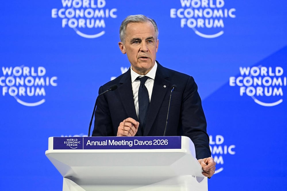 El primer ministro de Canadá, Mark Carney, durante su discurso en el Foro Económico Mundial de Davos, en Suiza. FOTO: FABRICE COFFRINI. AFP