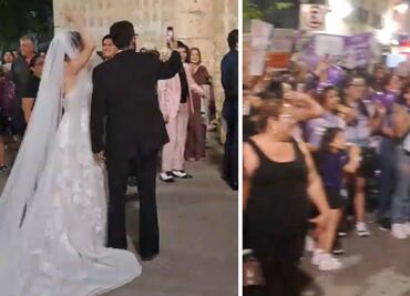 Al grito de "¡cuídala!", mujeres protagonizan boda durante marcha 8M en Mérida; así se vivió el momento