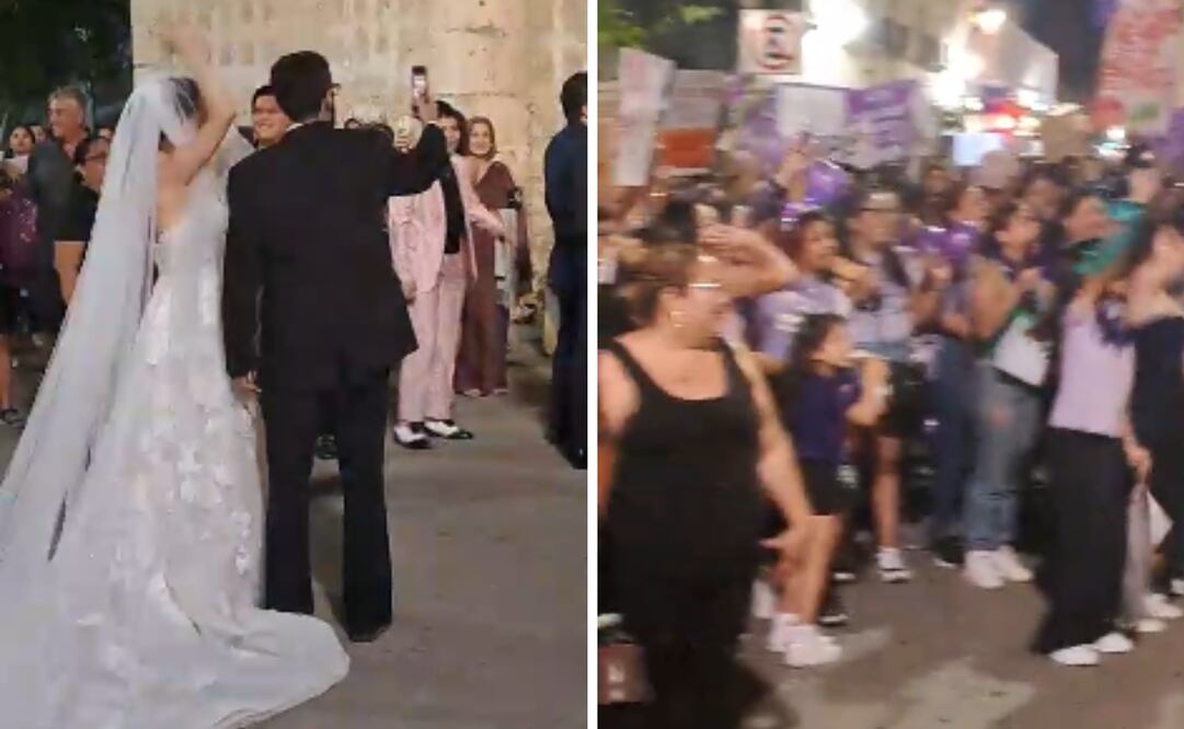 En medio de la manifestación feminista, un inesperado encuentro entre activistas y una pareja recién casada se convirtió en un emotivo momento de apoyo mutuo.
Foto: Especial