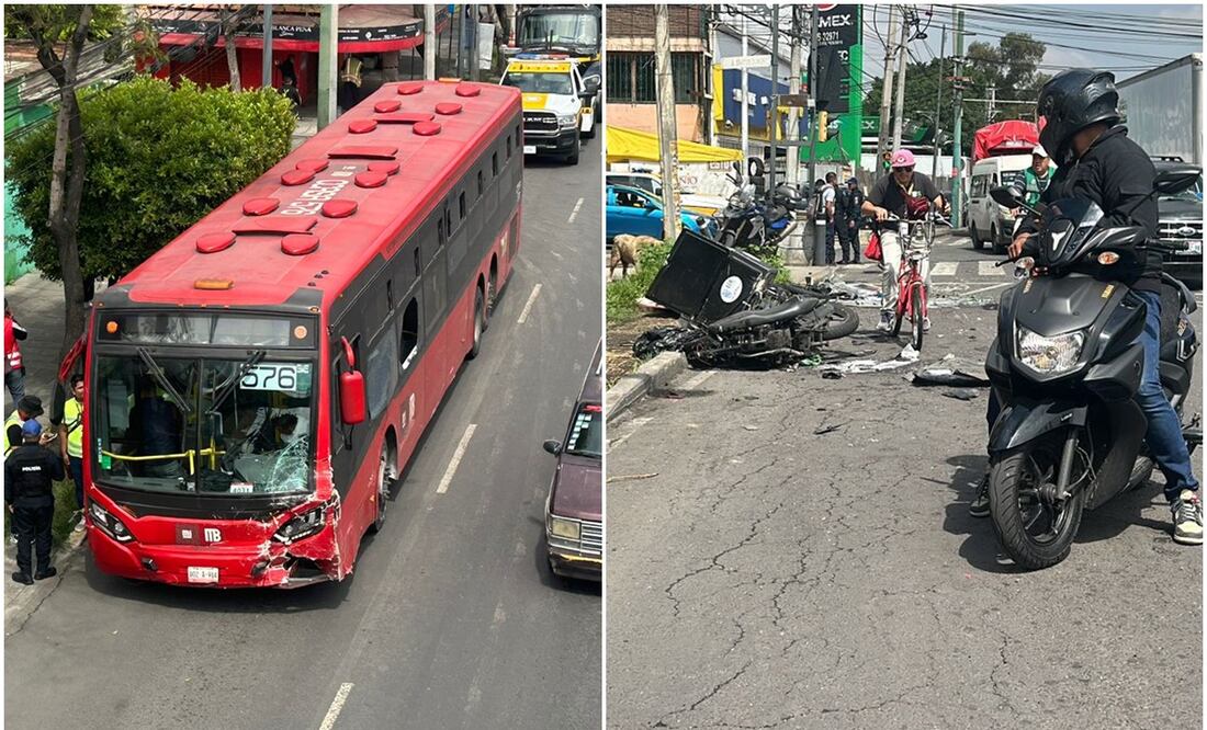 La unidad 576 de la Línea 4 del Metrobús se queda sin frenos en el Eje 1 a la altura de Santos Dumont, arrastrando a 10 vehículos, hay 3 lesionados de consideración, en inmediaciones de la col. Aviación Civil. Foto: Iván Montaño/ @HalconOnce