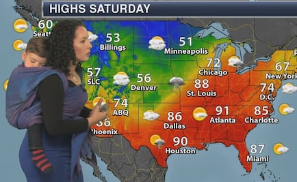Chica del clima de EU da el reporte meteorológico cargando a su hijo